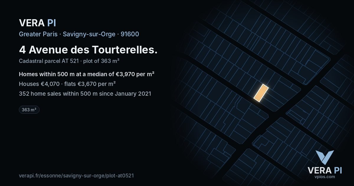 4 Avenue des Tourterelles, Savigny-sur-Orge at night – the plot lit, the parcels around coloured by the prices near them