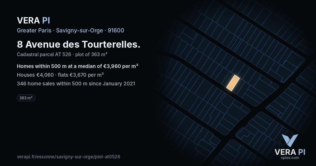 8 Avenue des Tourterelles, Savigny-sur-Orge at night – the plot lit, the parcels around coloured by the prices near them