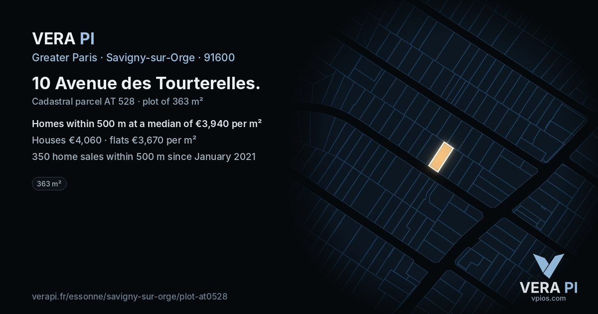 10 Avenue des Tourterelles, Savigny-sur-Orge at night – the plot lit, the parcels around coloured by the prices near them