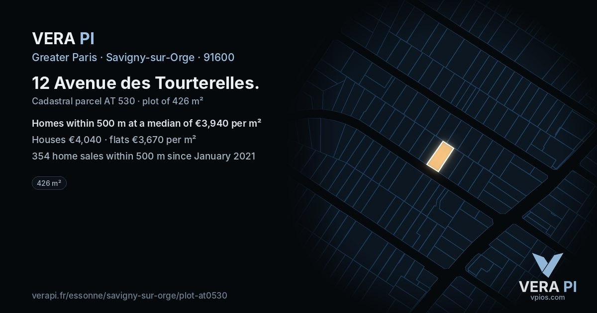 12 Avenue des Tourterelles, Savigny-sur-Orge at night – the plot lit, the parcels around coloured by the prices near them