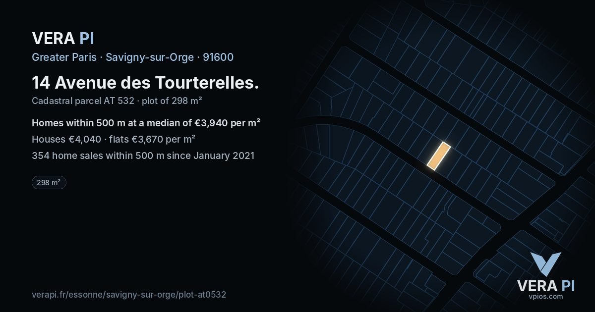 14 Avenue des Tourterelles, Savigny-sur-Orge at night – the plot lit, the parcels around coloured by the prices near them