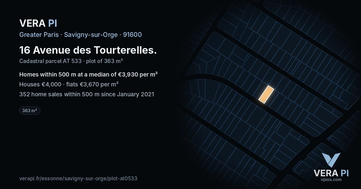 16 Avenue des Tourterelles, Savigny-sur-Orge at night – the plot lit, the parcels around coloured by the prices near them