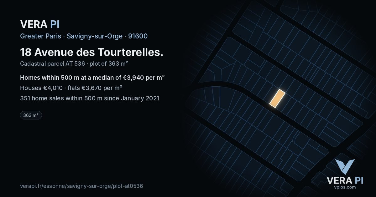 18 Avenue des Tourterelles, Savigny-sur-Orge at night – the plot lit, the parcels around coloured by the prices near them