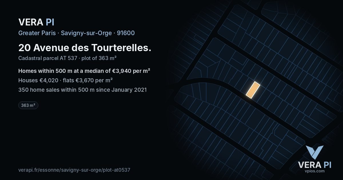 20 Avenue des Tourterelles, Savigny-sur-Orge at night – the plot lit, the parcels around coloured by the prices near them