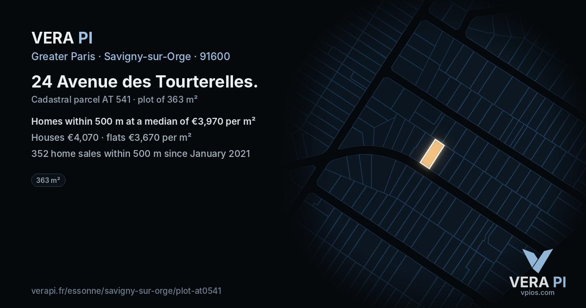 24 Avenue des Tourterelles, Savigny-sur-Orge at night – the plot lit, the parcels around coloured by the prices near them