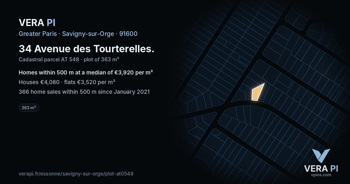 34 Avenue des Tourterelles, Savigny-sur-Orge at night – the plot lit, the parcels around coloured by the prices near them