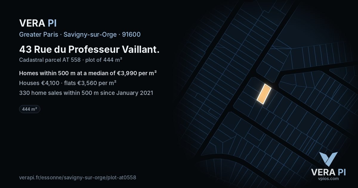 43 Rue du Professeur Vaillant, Savigny-sur-Orge at night – the plot lit, the parcels around coloured by the prices near them