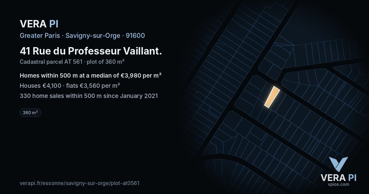41 Rue du Professeur Vaillant, Savigny-sur-Orge at night – the plot lit, the parcels around coloured by the prices near them