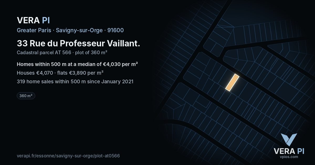 33 Rue du Professeur Vaillant, Savigny-sur-Orge at night – the plot lit, the parcels around coloured by the prices near them