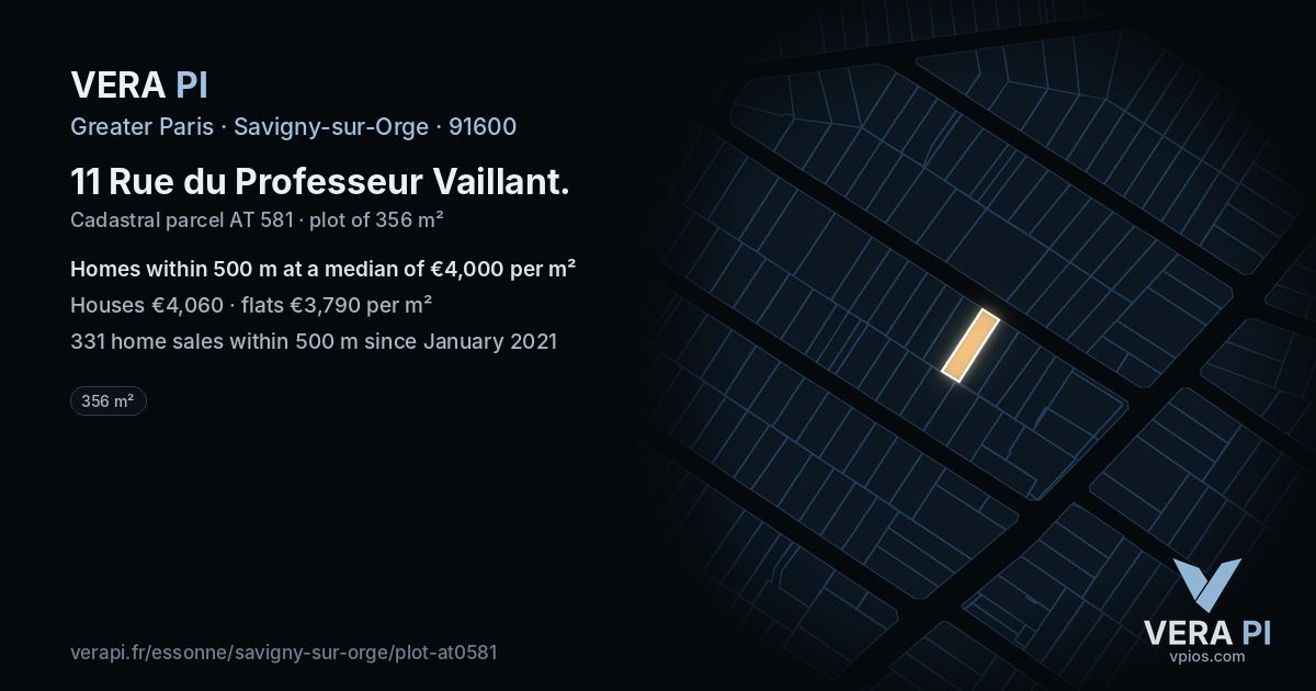 11 Rue du Professeur Vaillant, Savigny-sur-Orge at night – the plot lit, the parcels around coloured by the prices near them