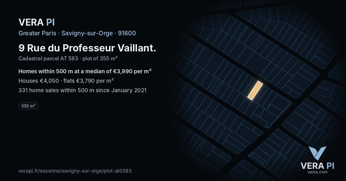 9 Rue du Professeur Vaillant, Savigny-sur-Orge at night – the plot lit, the parcels around coloured by the prices near them