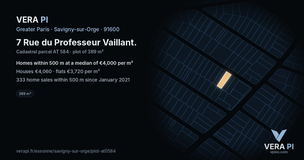 7 Rue du Professeur Vaillant, Savigny-sur-Orge at night – the plot lit, the parcels around coloured by the prices near them
