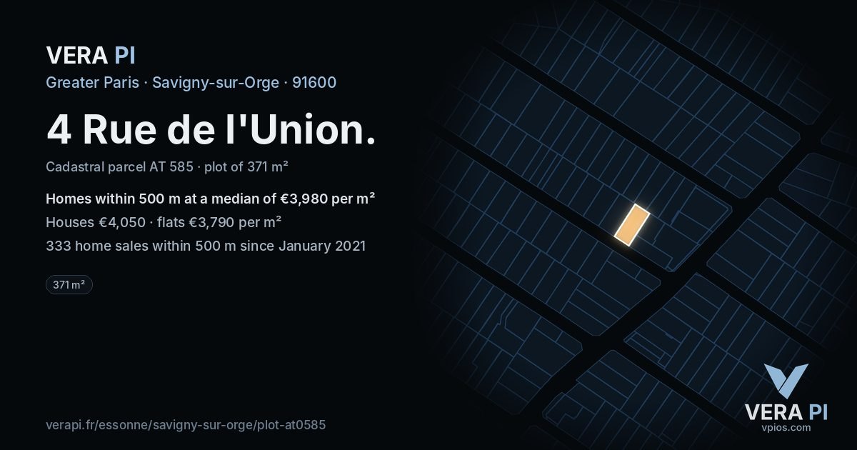 4 Rue de l'Union, Savigny-sur-Orge at night – the plot lit, the parcels around coloured by the prices near them