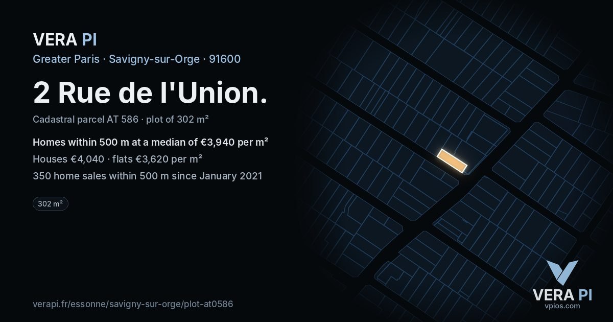 2 Rue de l'Union, Savigny-sur-Orge at night – the plot lit, the parcels around coloured by the prices near them