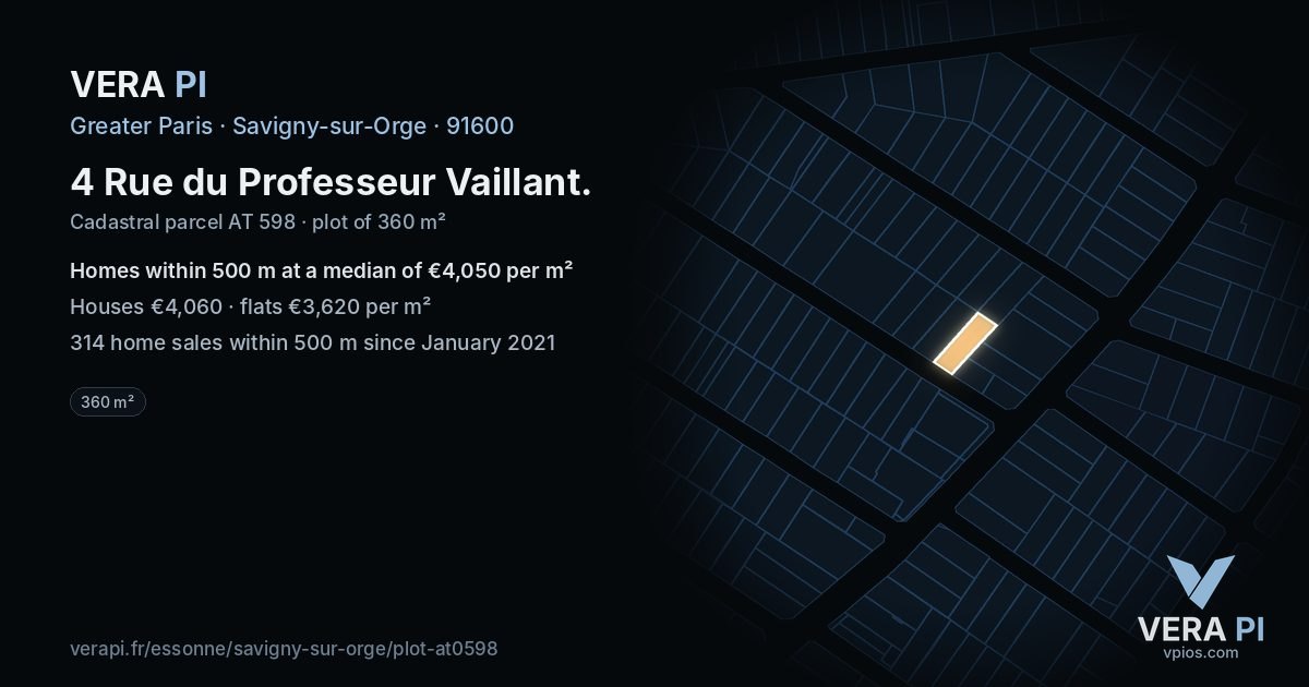 4 Rue du Professeur Vaillant, Savigny-sur-Orge at night – the plot lit, the parcels around coloured by the prices near them