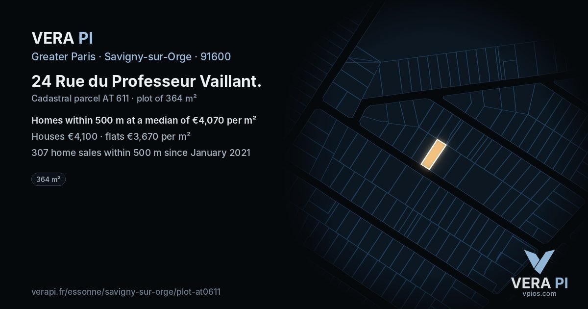 24 Rue du Professeur Vaillant, Savigny-sur-Orge at night – the plot lit, the parcels around coloured by the prices near them