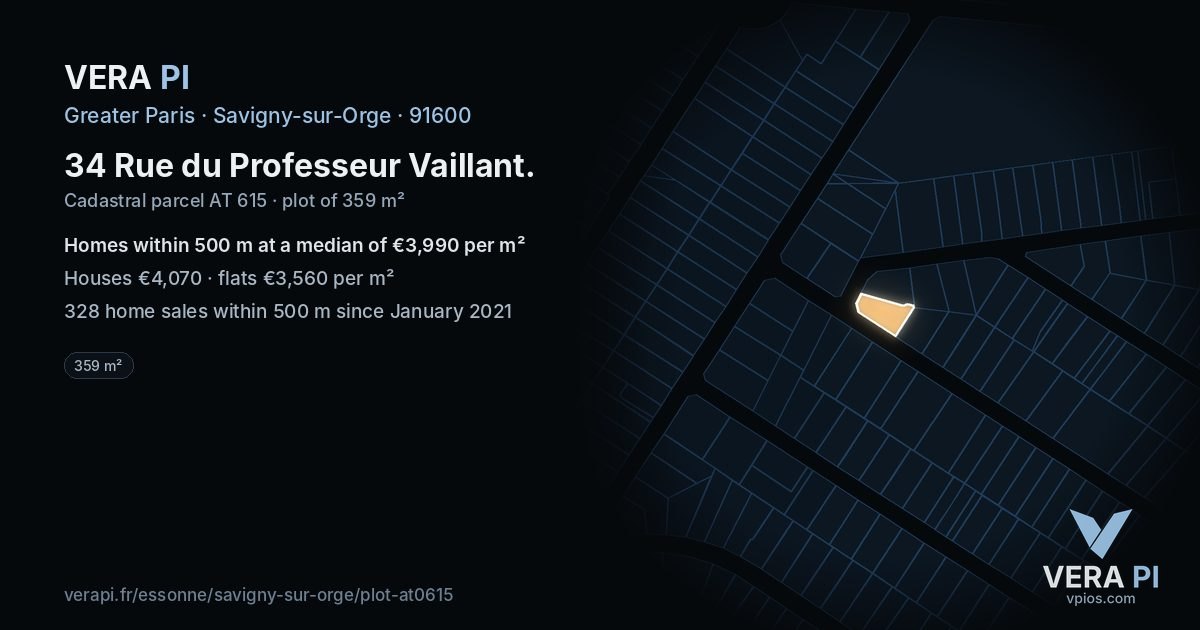 34 Rue du Professeur Vaillant, Savigny-sur-Orge at night – the plot lit, the parcels around coloured by the prices near them