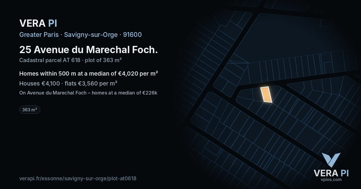 25 Avenue du Marechal Foch, Savigny-sur-Orge at night – the plot lit, the parcels around coloured by the prices near them