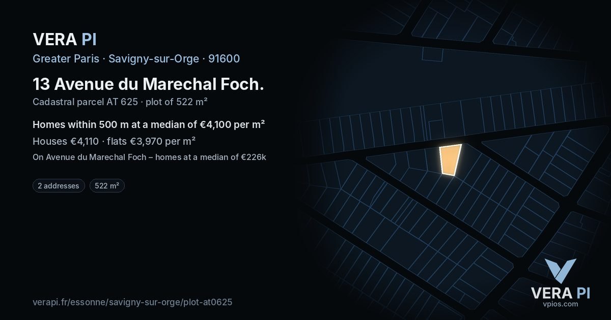 13 Avenue du Marechal Foch, Savigny-sur-Orge at night – the plot lit, the parcels around coloured by the prices near them