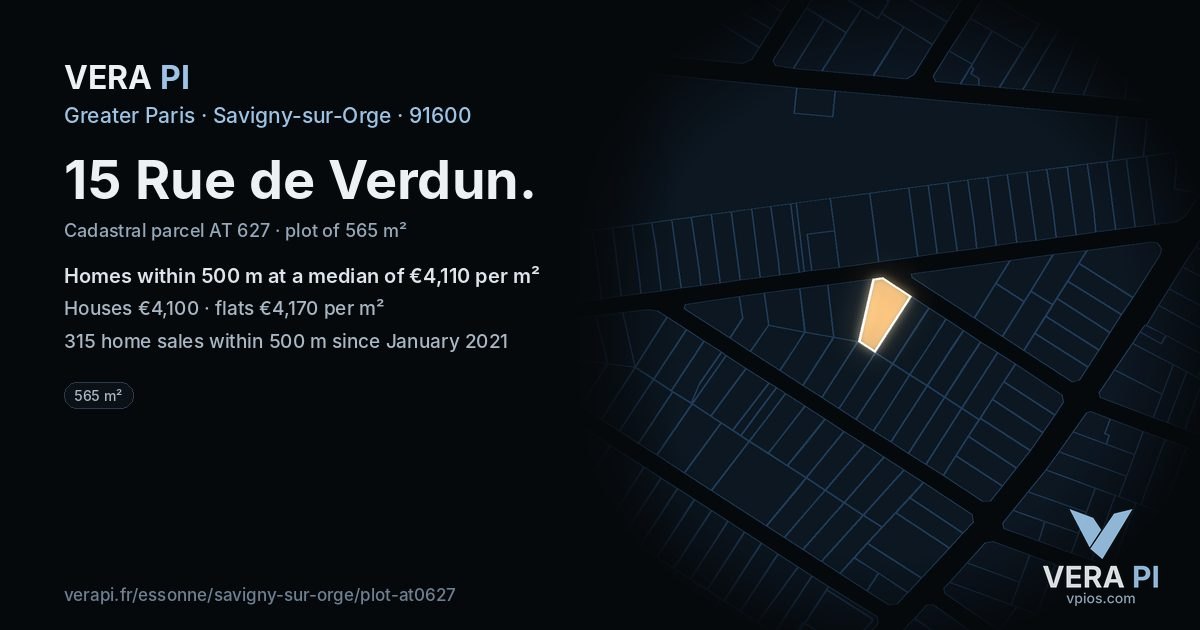 15 Rue de Verdun, Savigny-sur-Orge at night – the plot lit, the parcels around coloured by the prices near them
