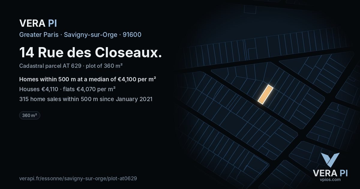 14 Rue des Closeaux, Savigny-sur-Orge at night – the plot lit, the parcels around coloured by the prices near them
