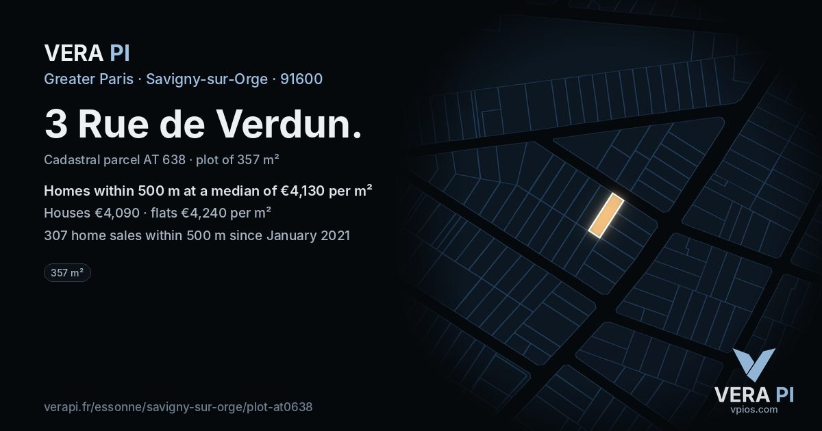 3 Rue de Verdun, Savigny-sur-Orge at night – the plot lit, the parcels around coloured by the prices near them