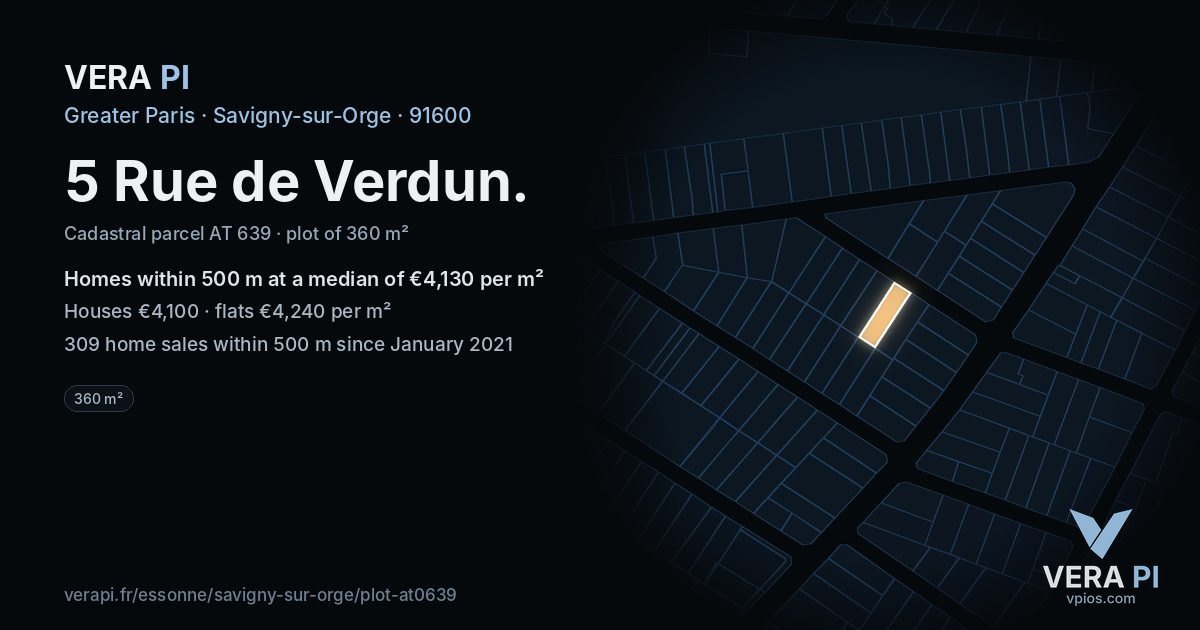 5 Rue de Verdun, Savigny-sur-Orge at night – the plot lit, the parcels around coloured by the prices near them