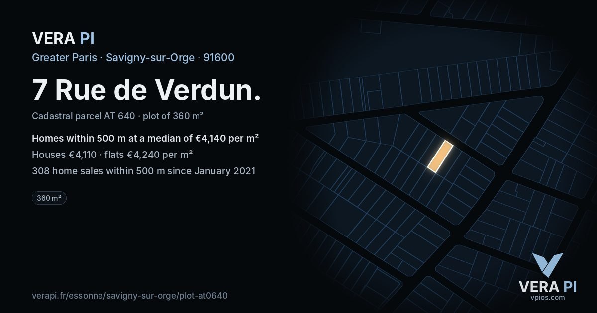 7 Rue de Verdun, Savigny-sur-Orge at night – the plot lit, the parcels around coloured by the prices near them