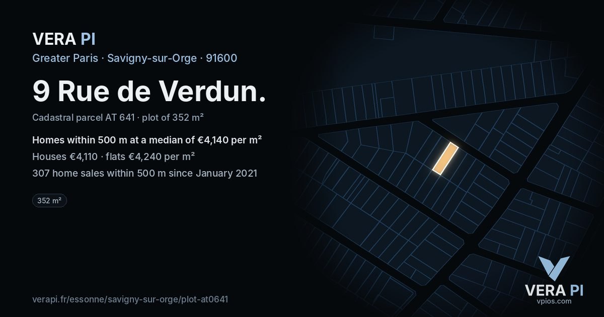 9 Rue de Verdun, Savigny-sur-Orge at night – the plot lit, the parcels around coloured by the prices near them