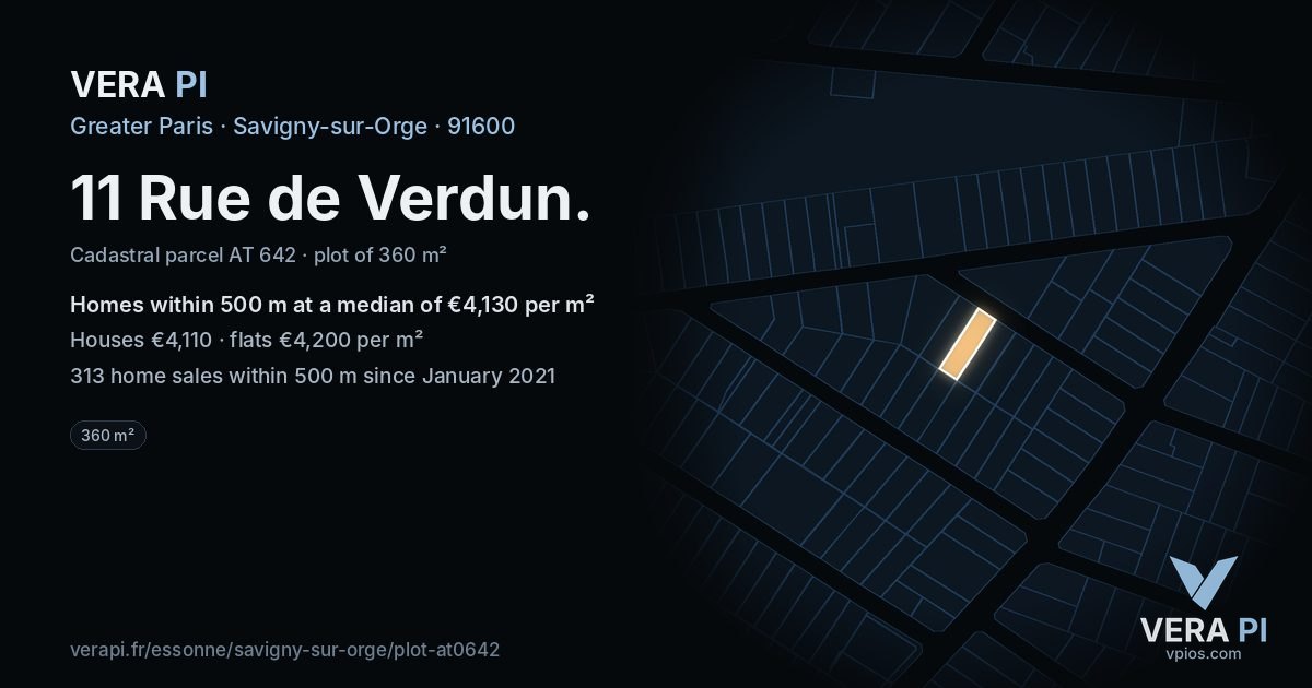 11 Rue de Verdun, Savigny-sur-Orge at night – the plot lit, the parcels around coloured by the prices near them