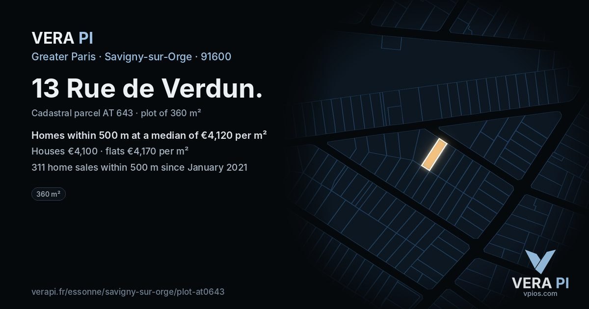 13 Rue de Verdun, Savigny-sur-Orge at night – the plot lit, the parcels around coloured by the prices near them