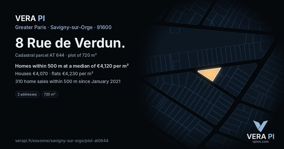 8 Rue de Verdun, Savigny-sur-Orge at night – the plot lit, the parcels around coloured by the prices near them