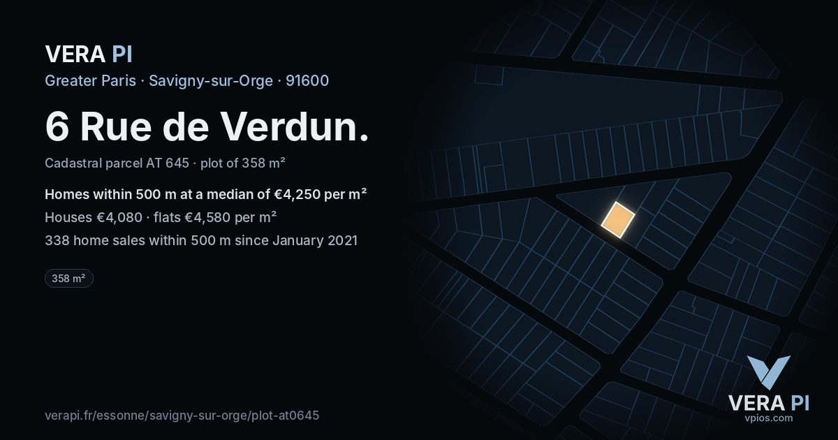 6 Rue de Verdun, Savigny-sur-Orge at night – the plot lit, the parcels around coloured by the prices near them