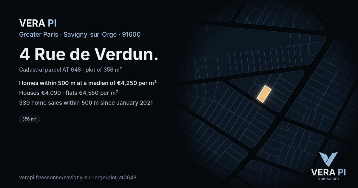 4 Rue de Verdun, Savigny-sur-Orge at night – the plot lit, the parcels around coloured by the prices near them