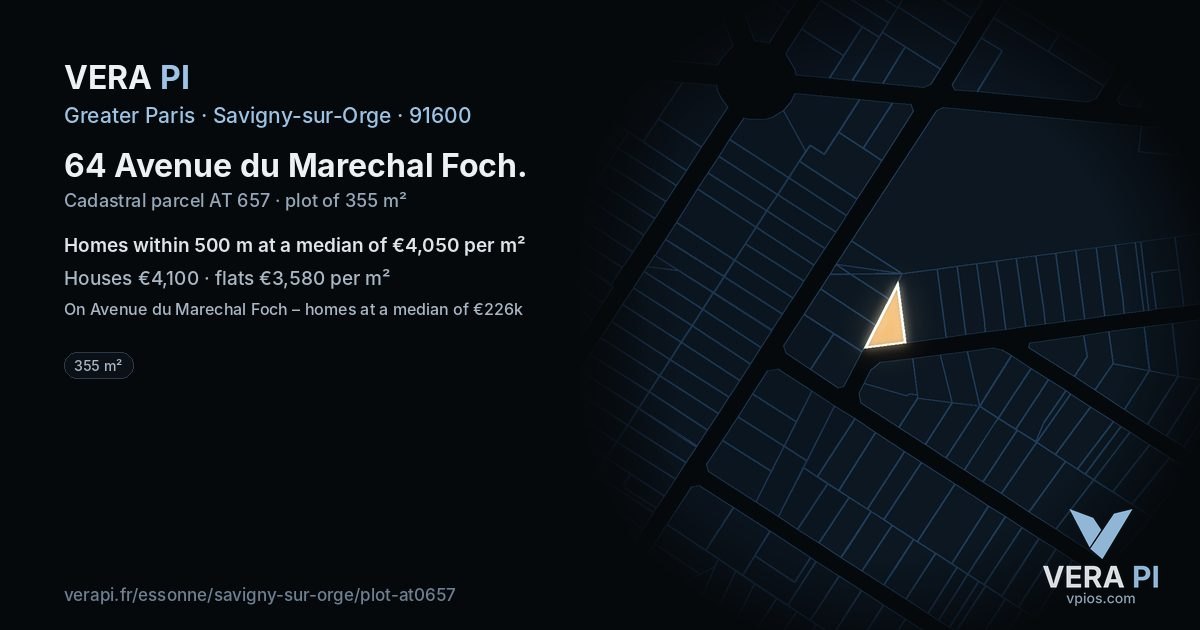 64 Avenue du Marechal Foch, Savigny-sur-Orge at night – the plot lit, the parcels around coloured by the prices near them