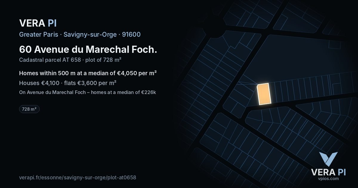 60 Avenue du Marechal Foch, Savigny-sur-Orge at night – the plot lit, the parcels around coloured by the prices near them