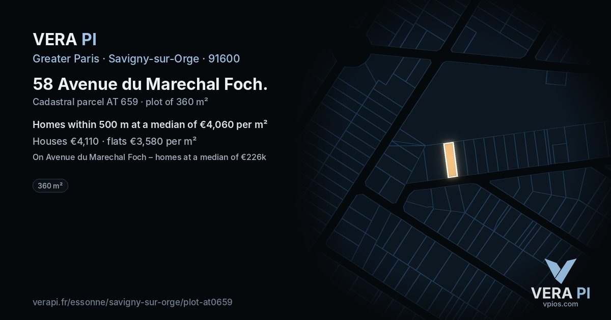 58 Avenue du Marechal Foch, Savigny-sur-Orge at night – the plot lit, the parcels around coloured by the prices near them