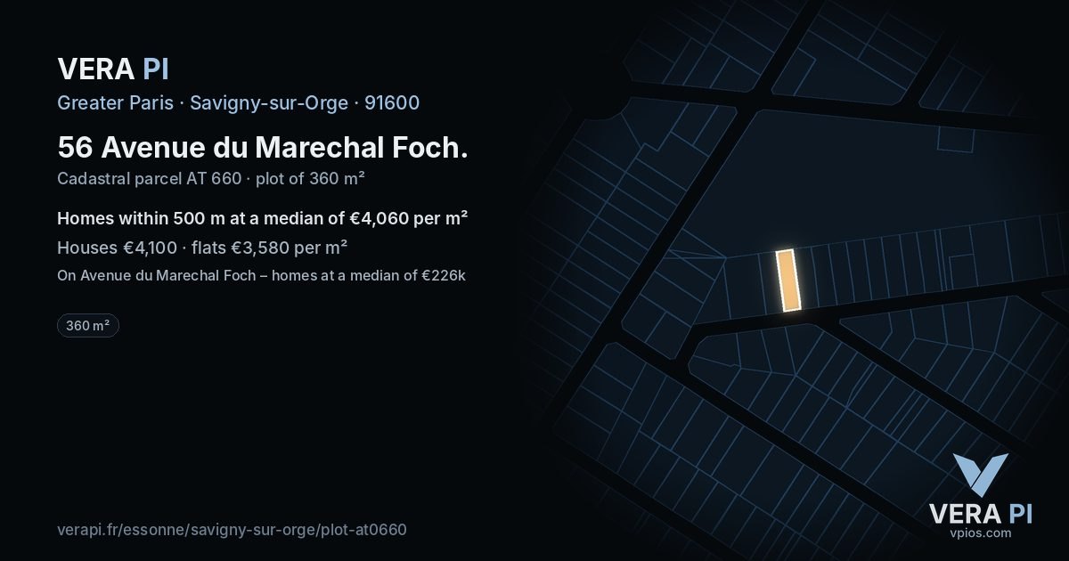 56 Avenue du Marechal Foch, Savigny-sur-Orge at night – the plot lit, the parcels around coloured by the prices near them