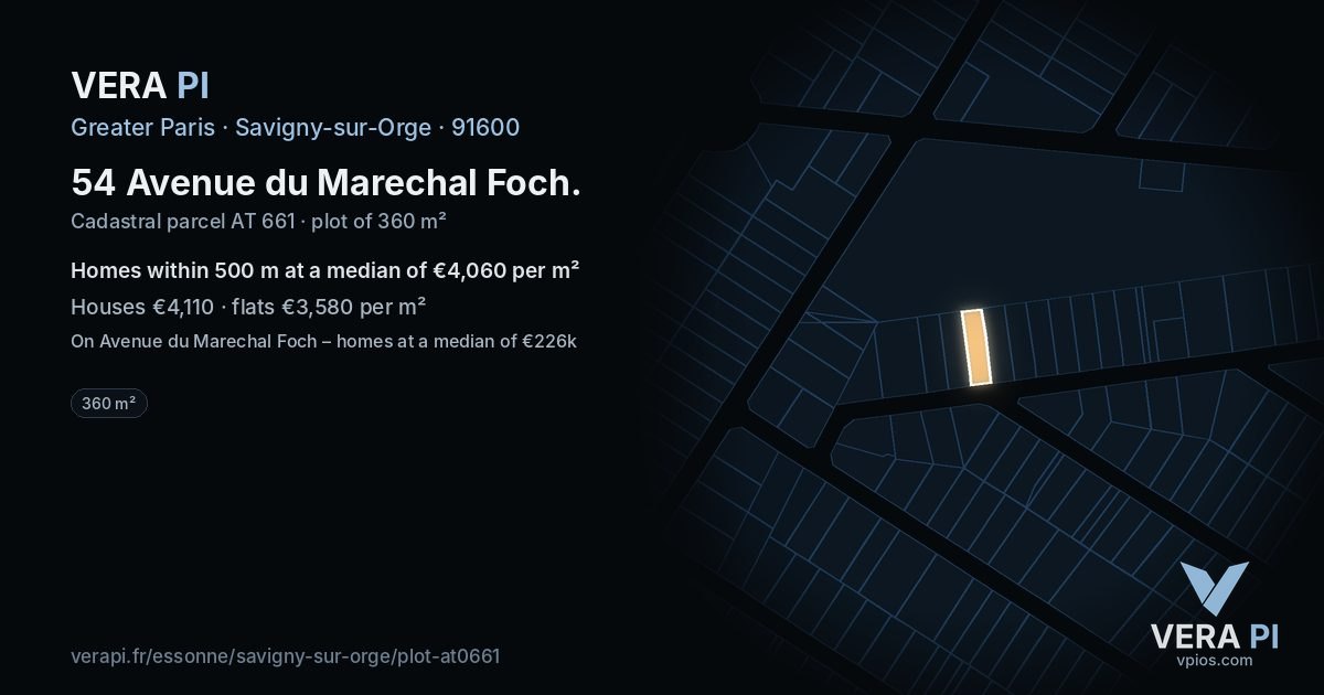 54 Avenue du Marechal Foch, Savigny-sur-Orge at night – the plot lit, the parcels around coloured by the prices near them