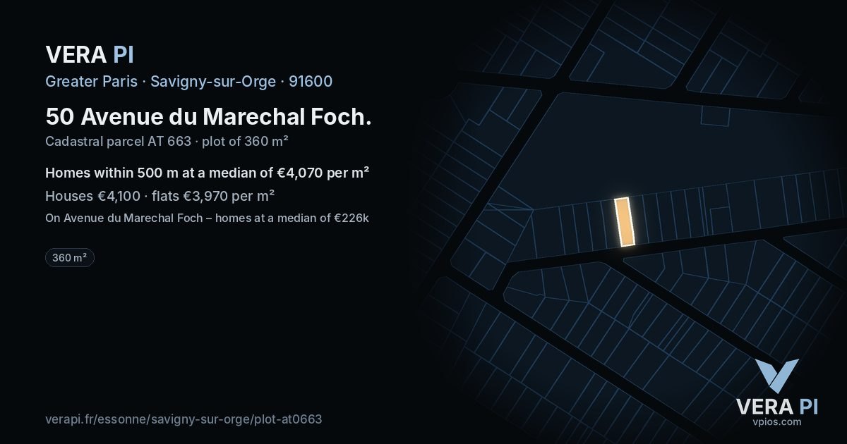 50 Avenue du Marechal Foch, Savigny-sur-Orge at night – the plot lit, the parcels around coloured by the prices near them