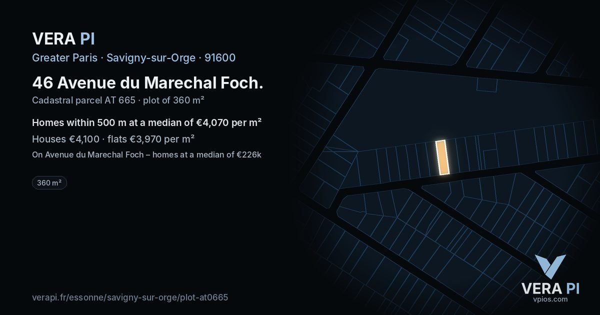 46 Avenue du Marechal Foch, Savigny-sur-Orge at night – the plot lit, the parcels around coloured by the prices near them