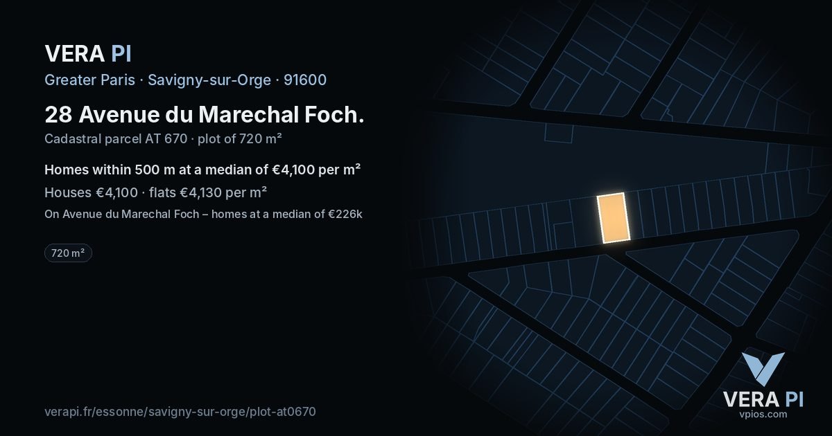 28 Avenue du Marechal Foch, Savigny-sur-Orge at night – the plot lit, the parcels around coloured by the prices near them