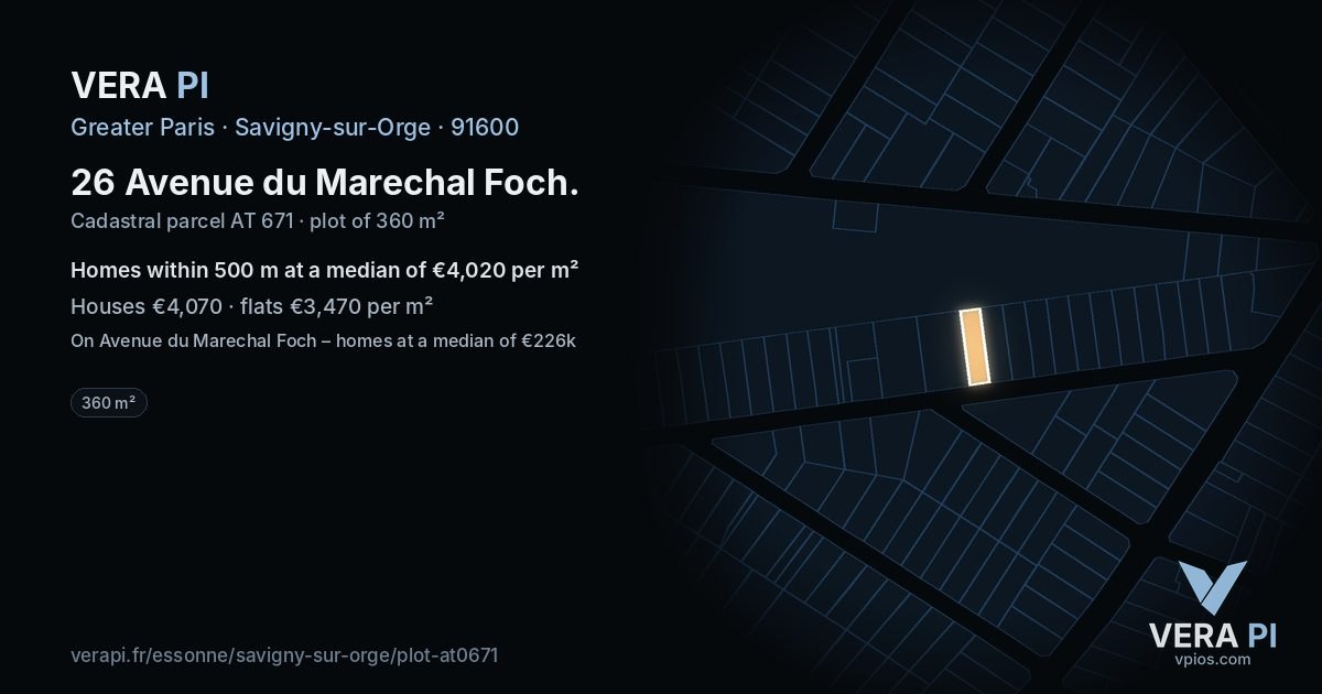 26 Avenue du Marechal Foch, Savigny-sur-Orge at night – the plot lit, the parcels around coloured by the prices near them