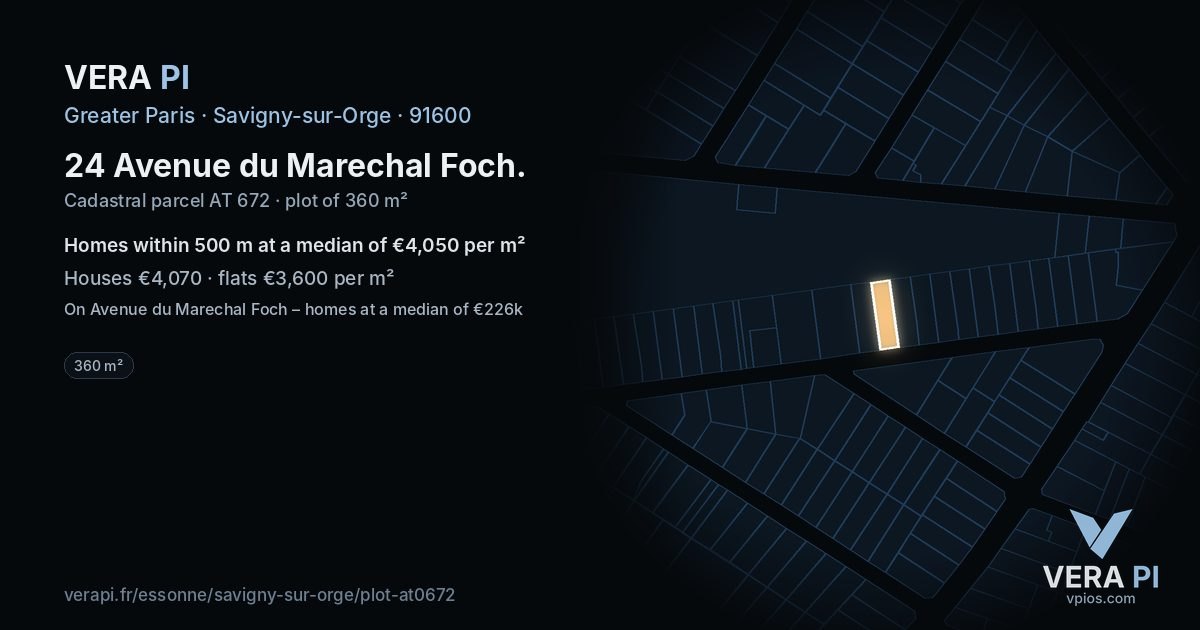 24 Avenue du Marechal Foch, Savigny-sur-Orge at night – the plot lit, the parcels around coloured by the prices near them
