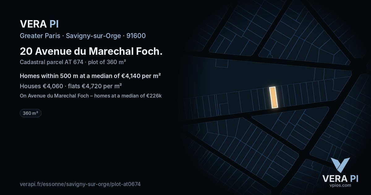 20 Avenue du Marechal Foch, Savigny-sur-Orge at night – the plot lit, the parcels around coloured by the prices near them