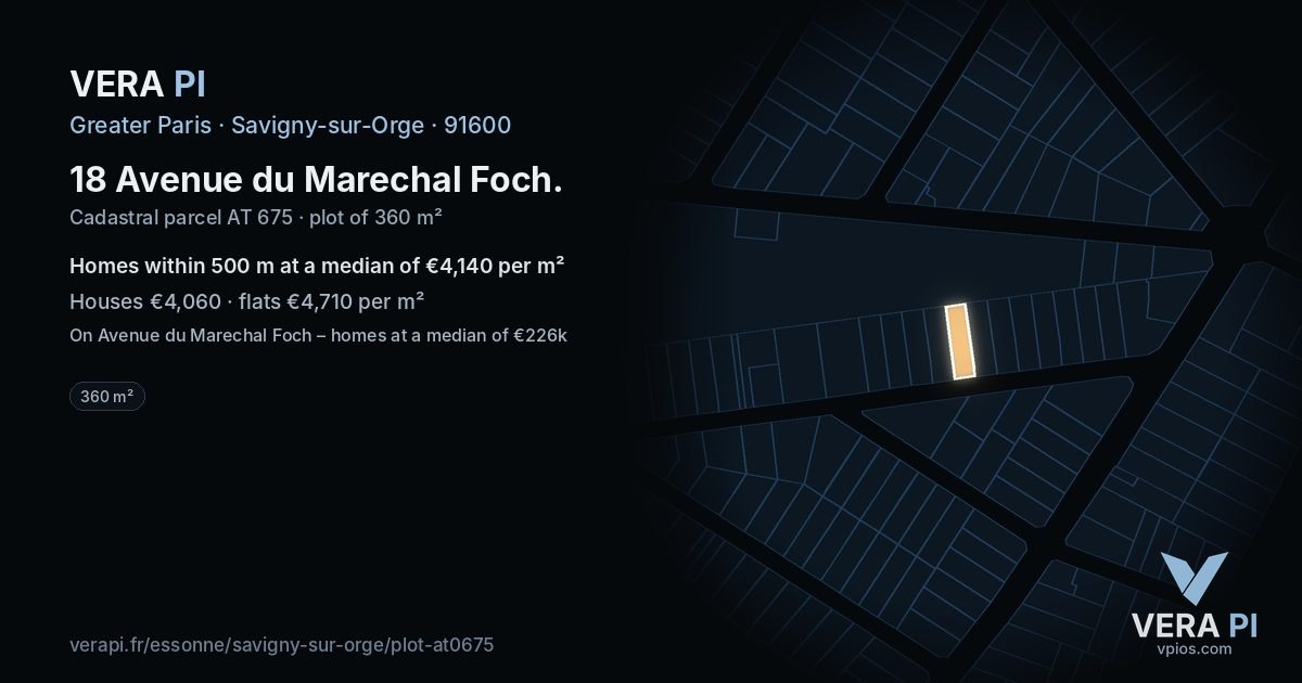 18 Avenue du Marechal Foch, Savigny-sur-Orge at night – the plot lit, the parcels around coloured by the prices near them