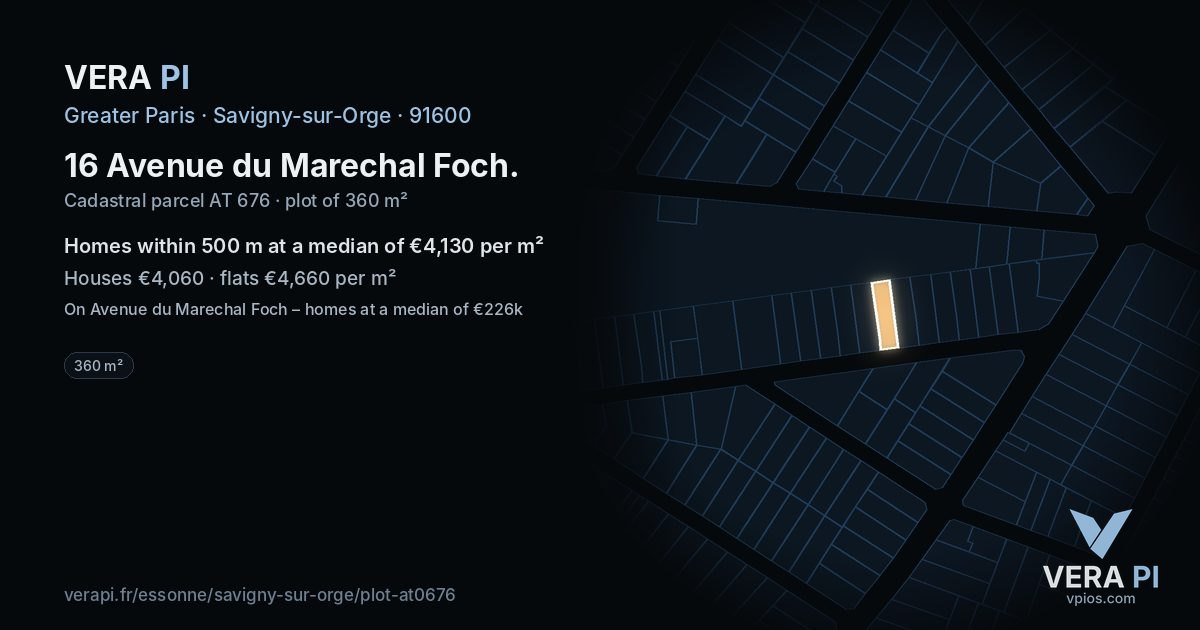16 Avenue du Marechal Foch, Savigny-sur-Orge at night – the plot lit, the parcels around coloured by the prices near them