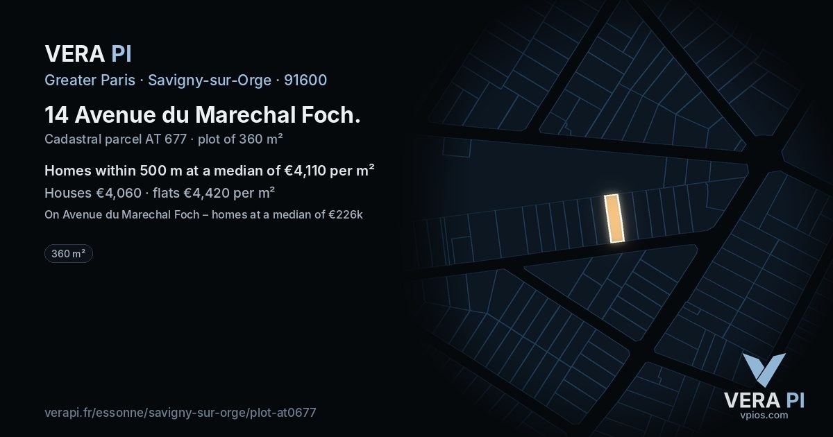 14 Avenue du Marechal Foch, Savigny-sur-Orge at night – the plot lit, the parcels around coloured by the prices near them