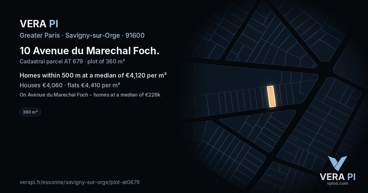 10 Avenue du Marechal Foch, Savigny-sur-Orge at night – the plot lit, the parcels around coloured by the prices near them