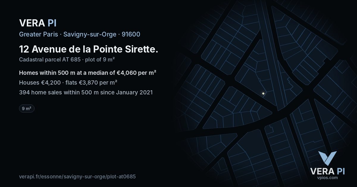 12 Avenue de la Pointe Sirette, Savigny-sur-Orge at night – the plot lit, the parcels around coloured by the prices near them
